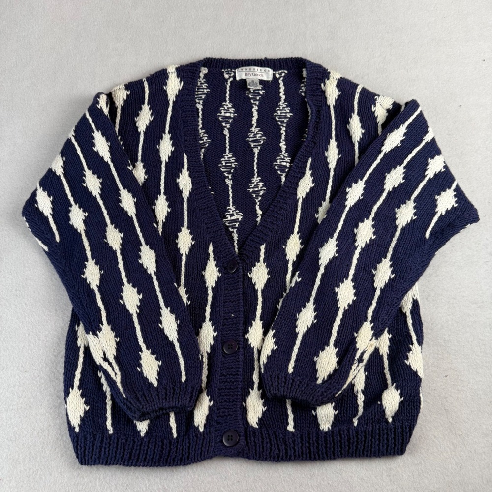 Cambridge Dry Goods Navy Blue Cream Diamond Knit Cardigan Sweater Womens Medium